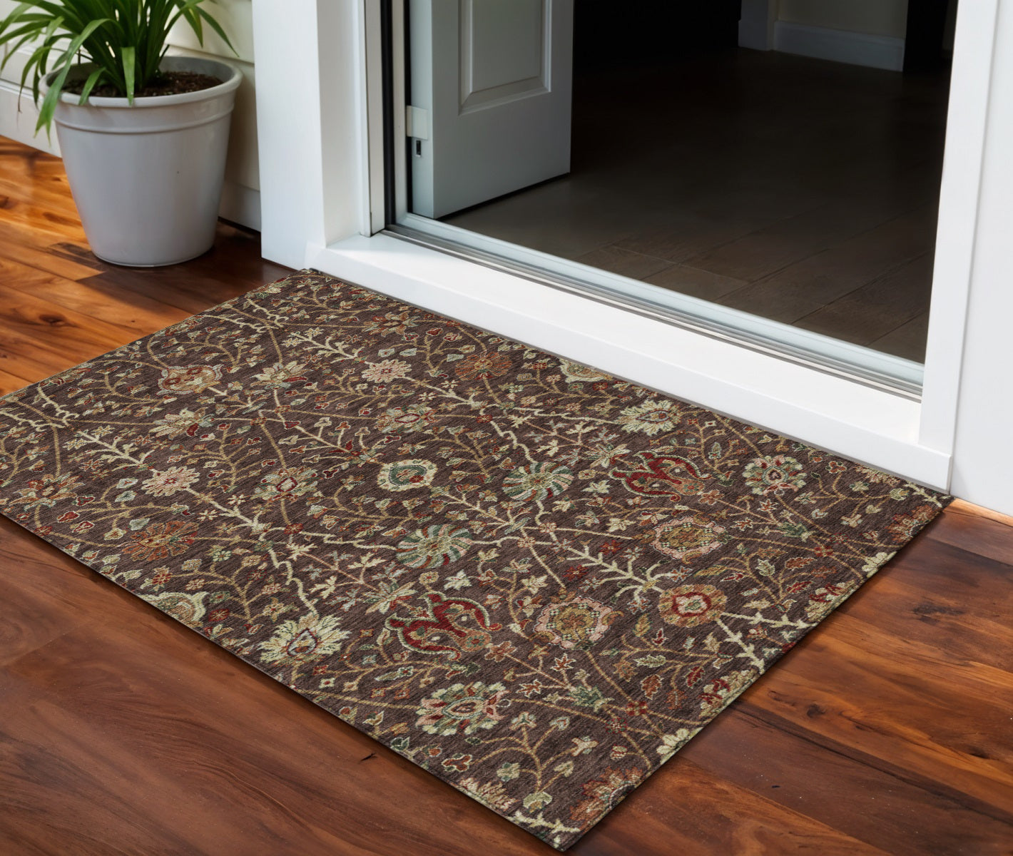 3 X 5 Chocolate Tan And Green Floral Washable Indoor Outdoor Area Rug