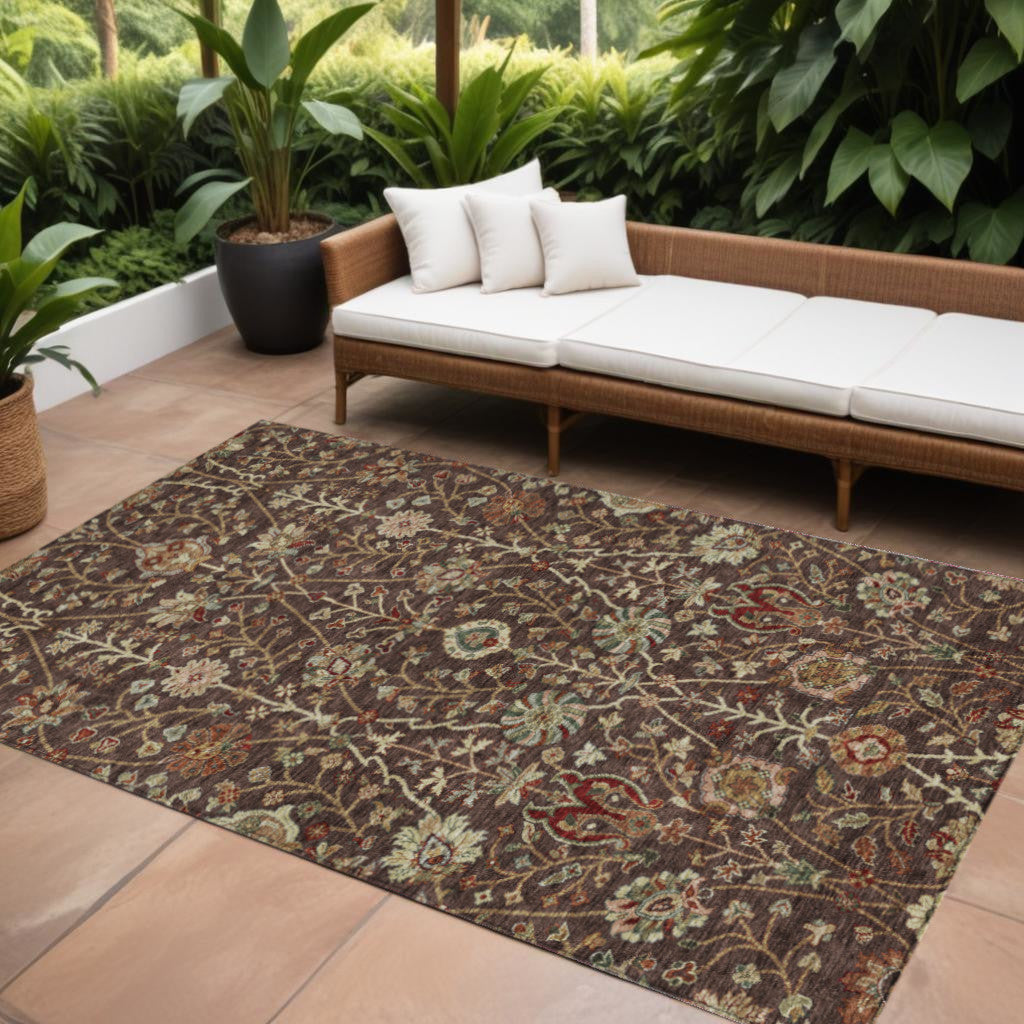 9 X 12 Chocolate Tan And Green Floral Washable Indoor Outdoor Area Rug
