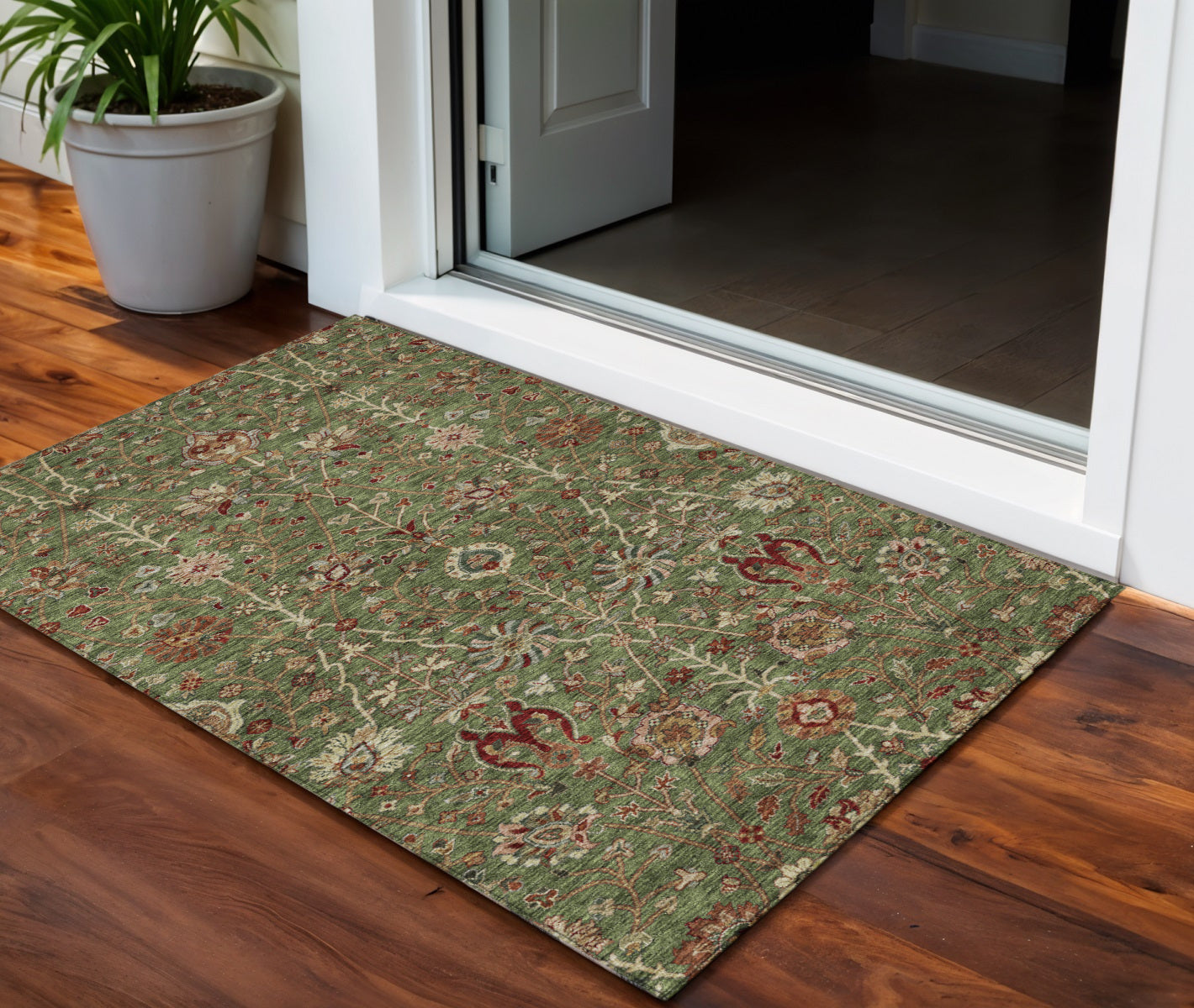 3 X 5 Fern Green Brown And Red Floral Washable Indoor Outdoor Area Rug