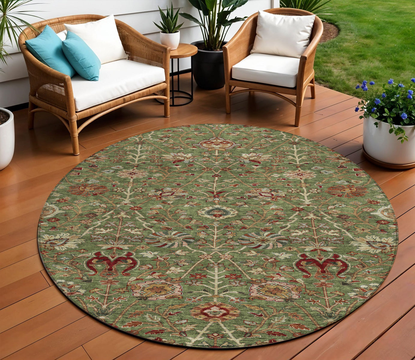 8 Fern Green Brown And Red Round Floral Washable Indoor Outdoor Area Rug