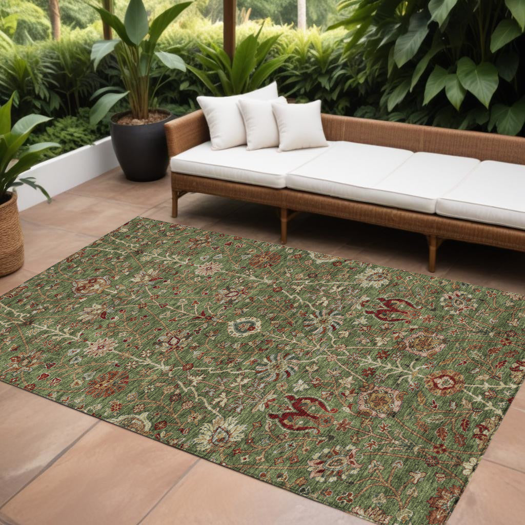 8 X 10 Fern Green Brown And Red Floral Washable Indoor Outdoor Area Rug