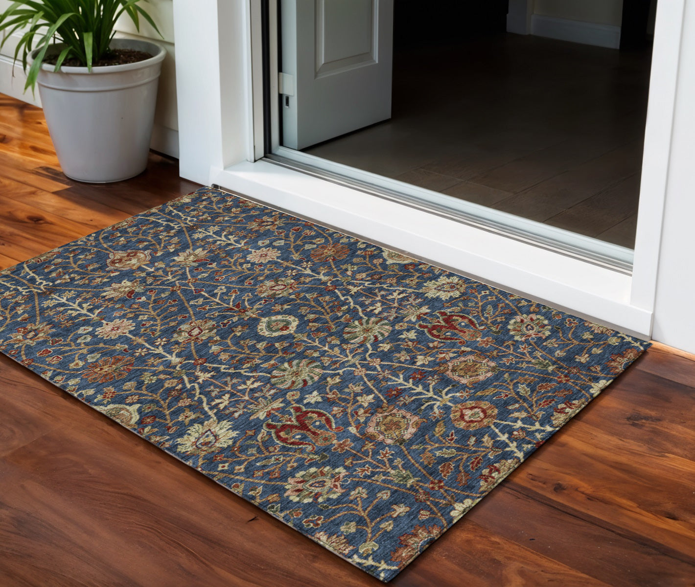 3 X 5 Navy Blue Brown And Red Floral Washable Indoor Outdoor Area Rug