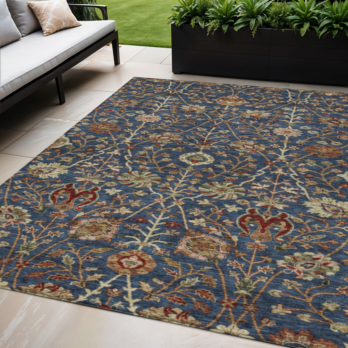5 X 8 Navy Blue Brown And Red Floral Washable Indoor Outdoor Area Rug