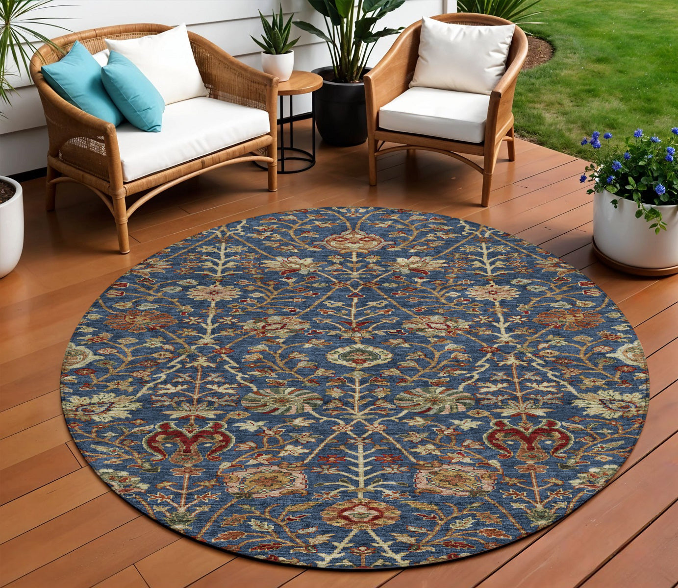 8 Navy Blue Brown And Red Round Floral Washable Indoor Outdoor Area Rug