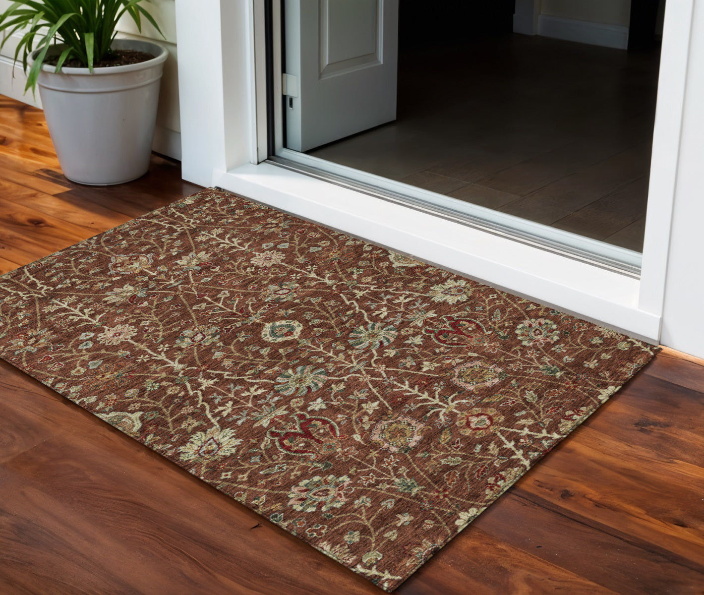 3 X 5 Brown Tan And Red Floral Washable Indoor Outdoor Area Rug