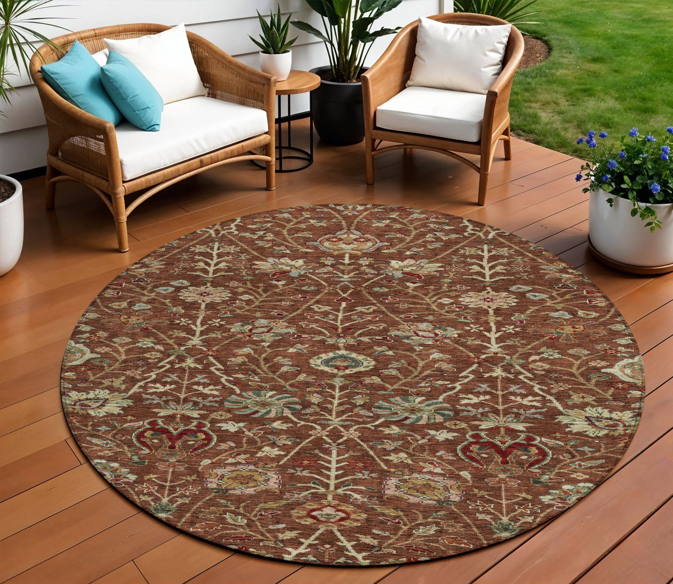8 Brown Tan And Red Round Floral Washable Indoor Outdoor Area Rug
