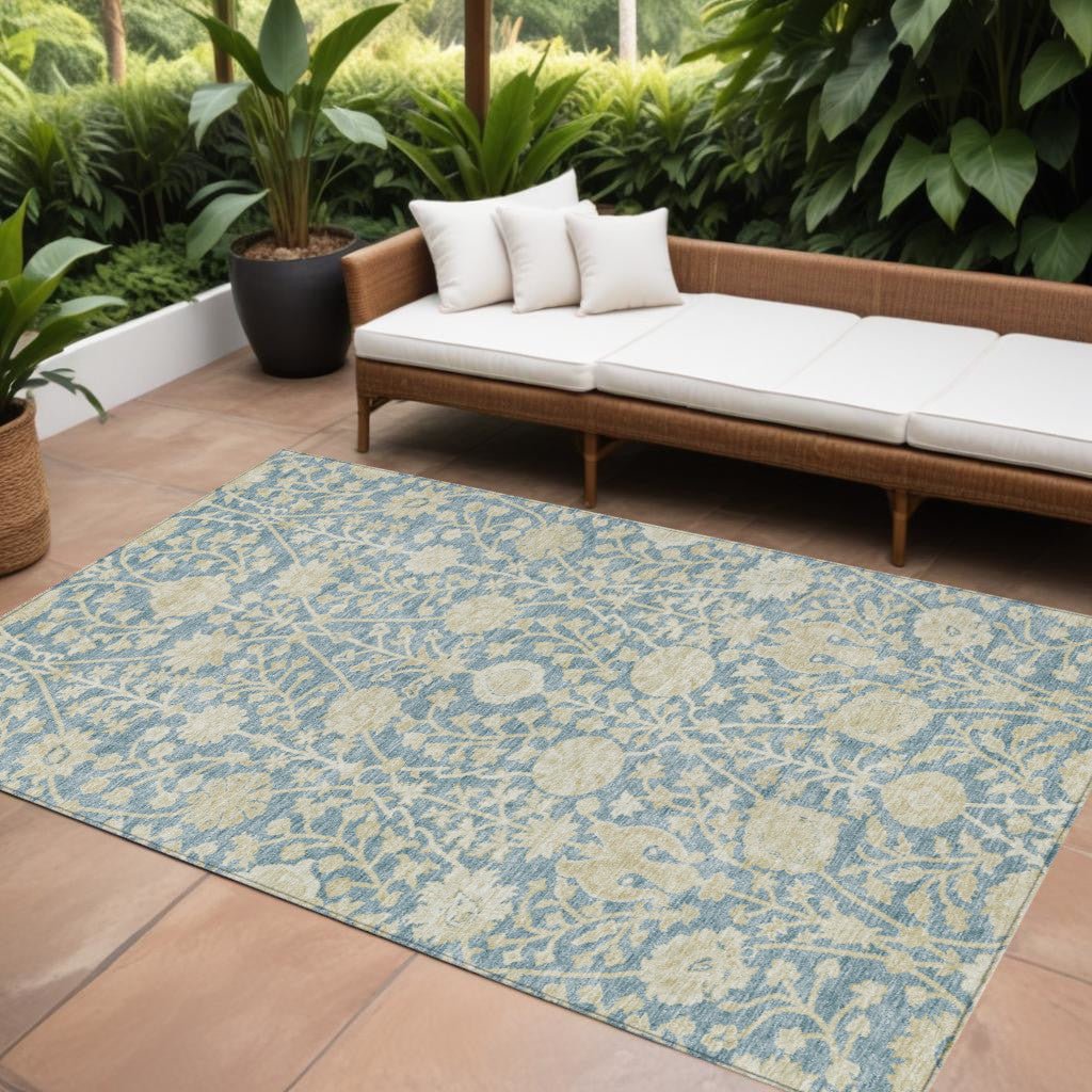 10 X 14 Sky Blue And Beige Floral Washable Indoor Outdoor Area Rug