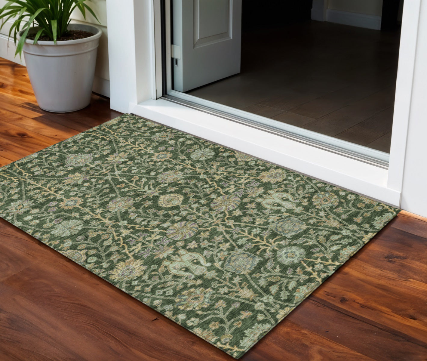 3 X 5 Green Tan And Gray Floral Washable Indoor Outdoor Area Rug