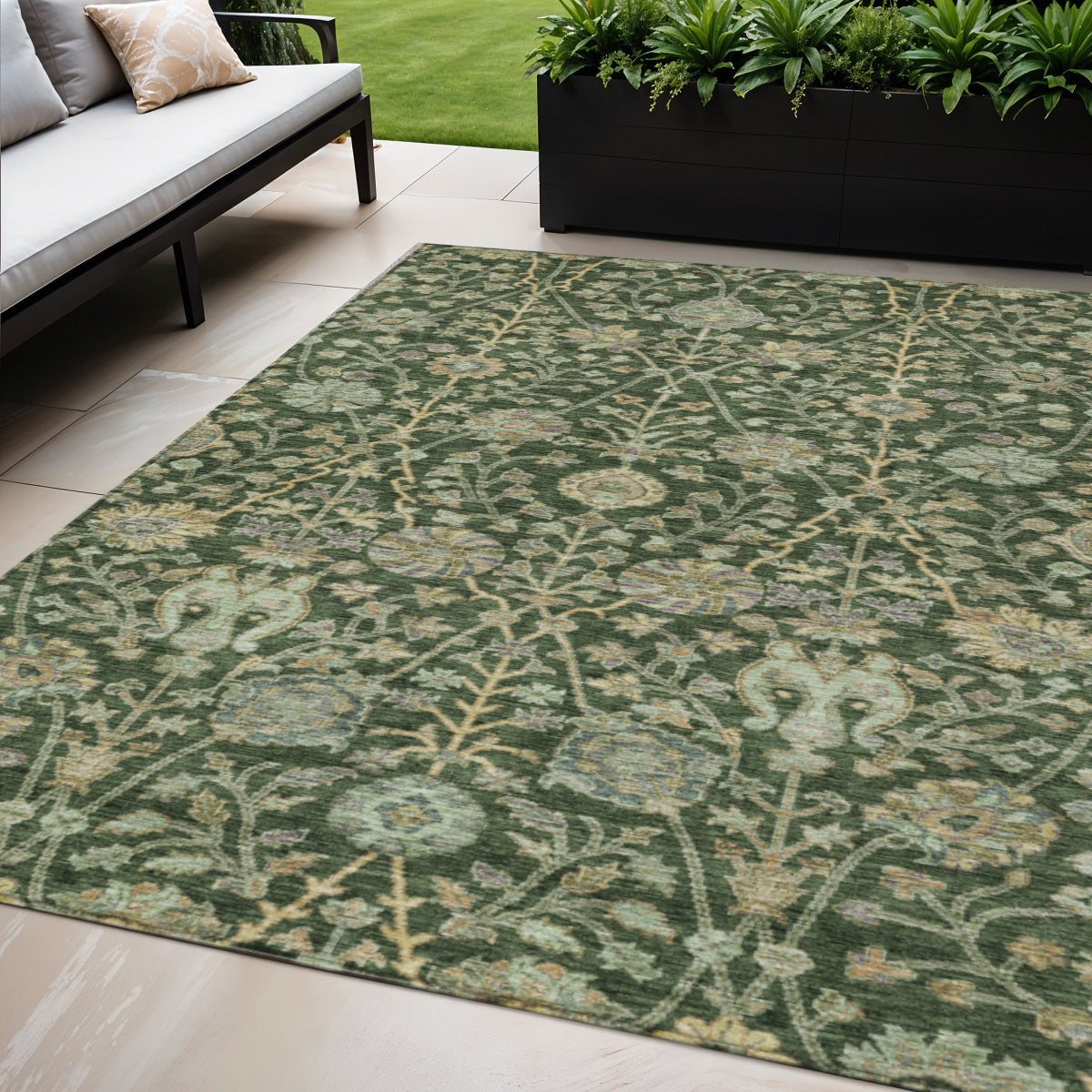 5 X 8 Green Tan And Gray Floral Washable Indoor Outdoor Area Rug
