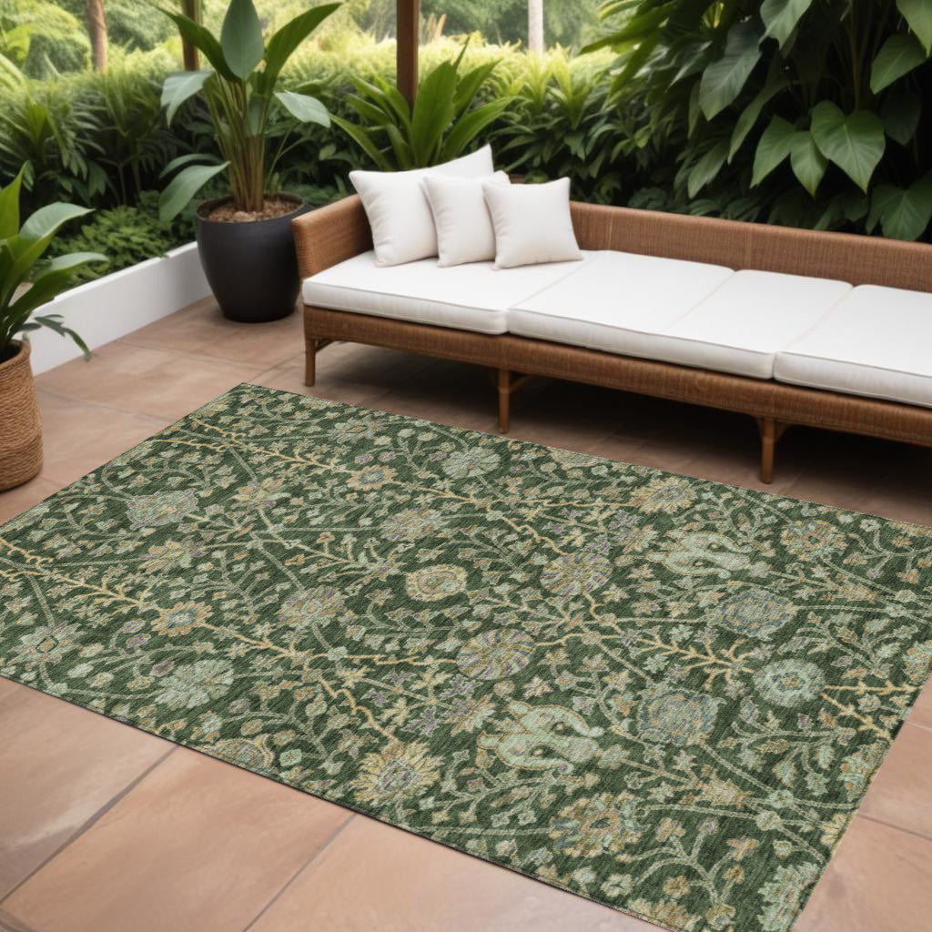 9 X 12 Green Tan And Gray Floral Washable Indoor Outdoor Area Rug