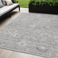 5 X 8 Gray And Silver Damask Washable Indoor Outdoor Area Rug