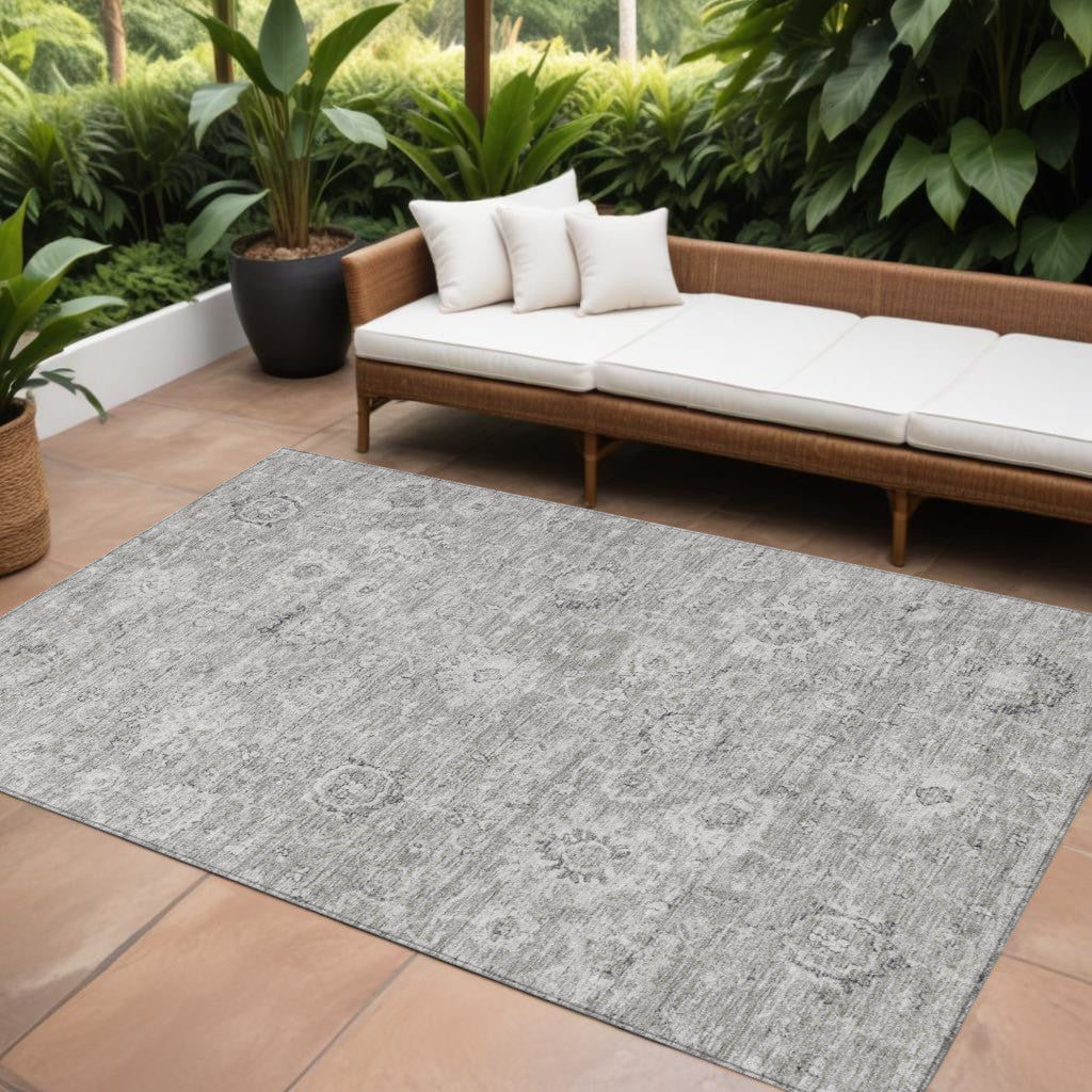8 X 10 Gray And Silver Damask Washable Indoor Outdoor Area Rug