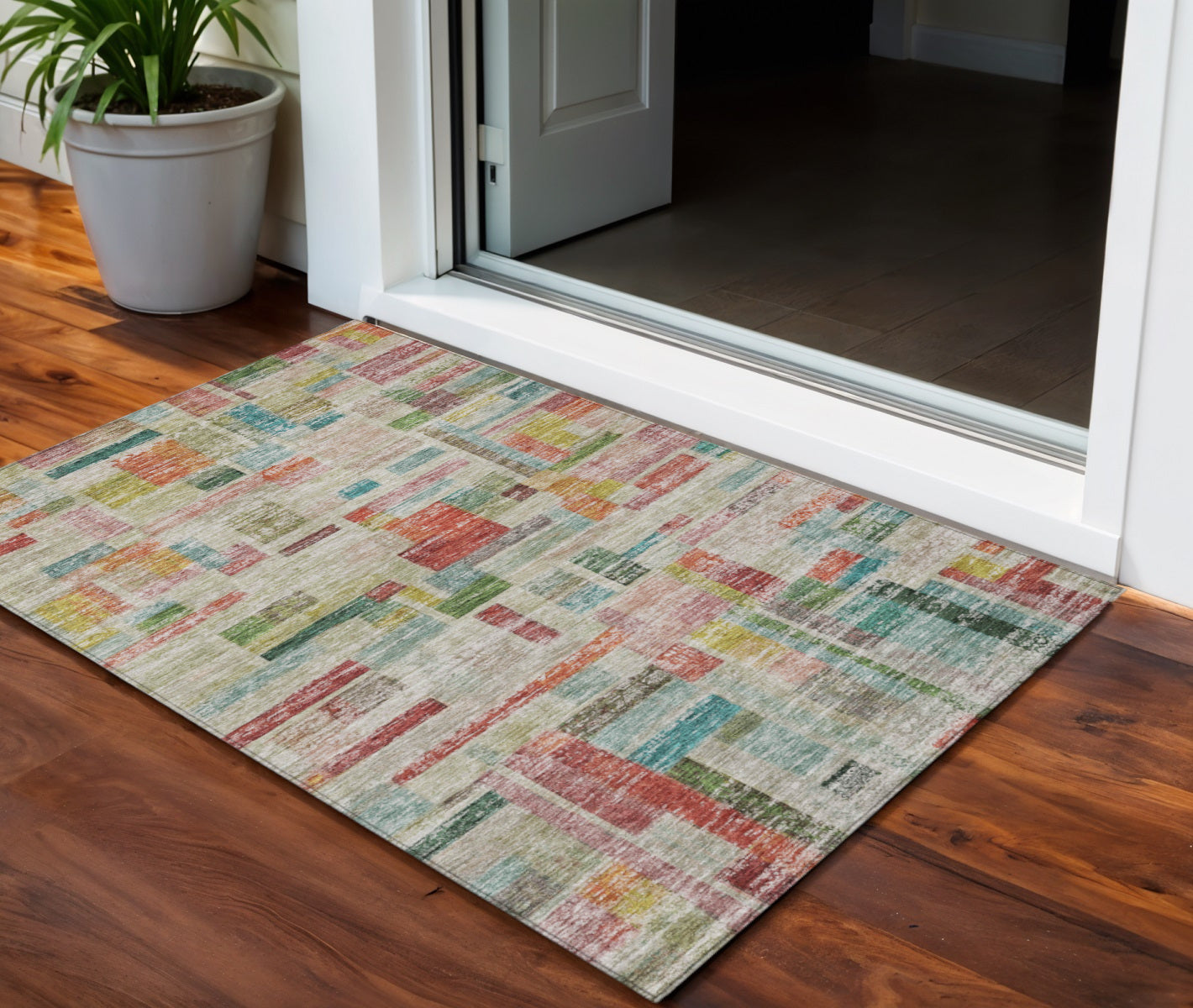 3 X 5 Terra Cotta Green And Brown Striped Washable Indoor Outdoor Area Rug