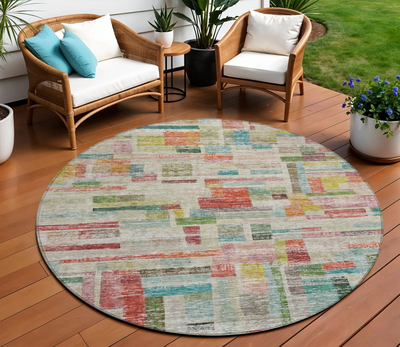 8 Terra Cotta Green And Brown Round Striped Washable Indoor Outdoor Area Rug