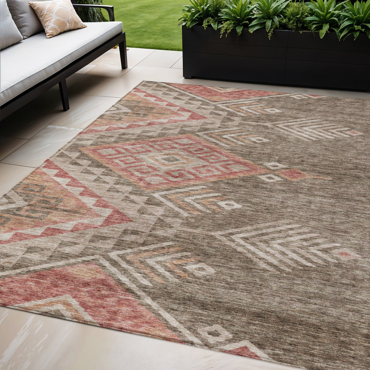 5 X 8 Brown And Terra Cotta Southwestern Washable Indoor Outdoor Area Rug