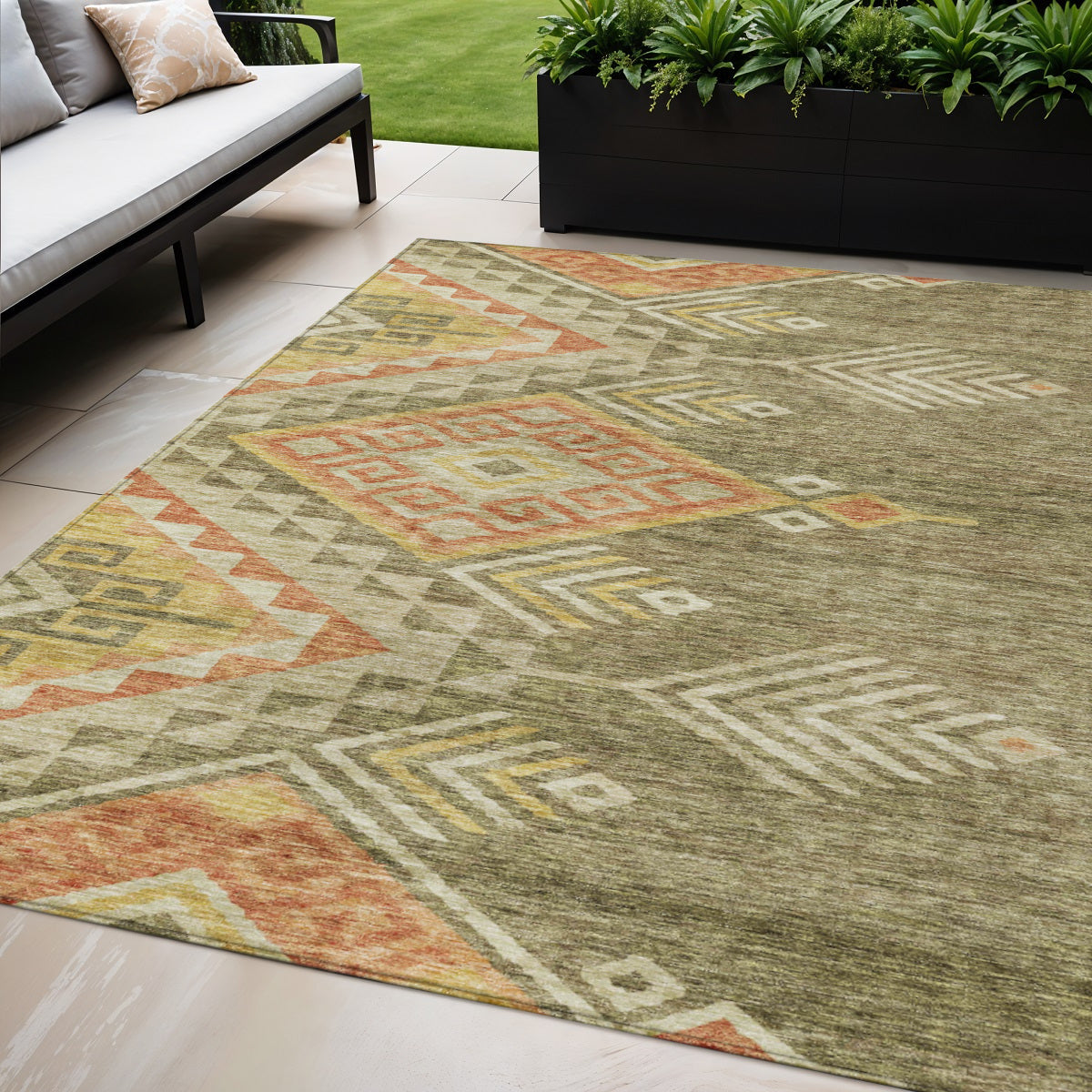 5 X 8 Green And Terra Cotta Southwestern Washable Indoor Outdoor Area Rug