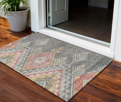 3 X 5 Gray And Terra Cotta Southwestern Washable Indoor Outdoor Area Rug