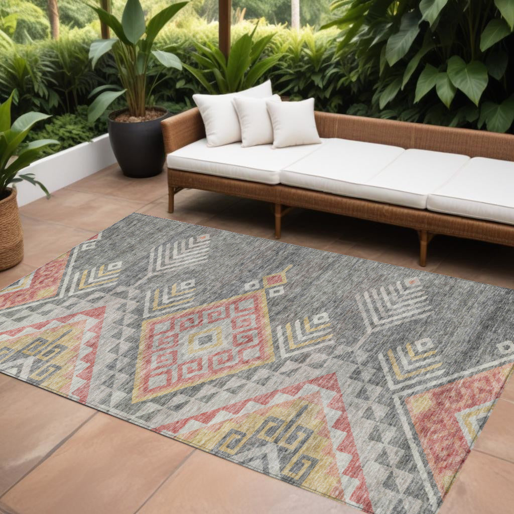 10 X 14 Gray And Terra Cotta Southwestern Washable Indoor Outdoor Area Rug