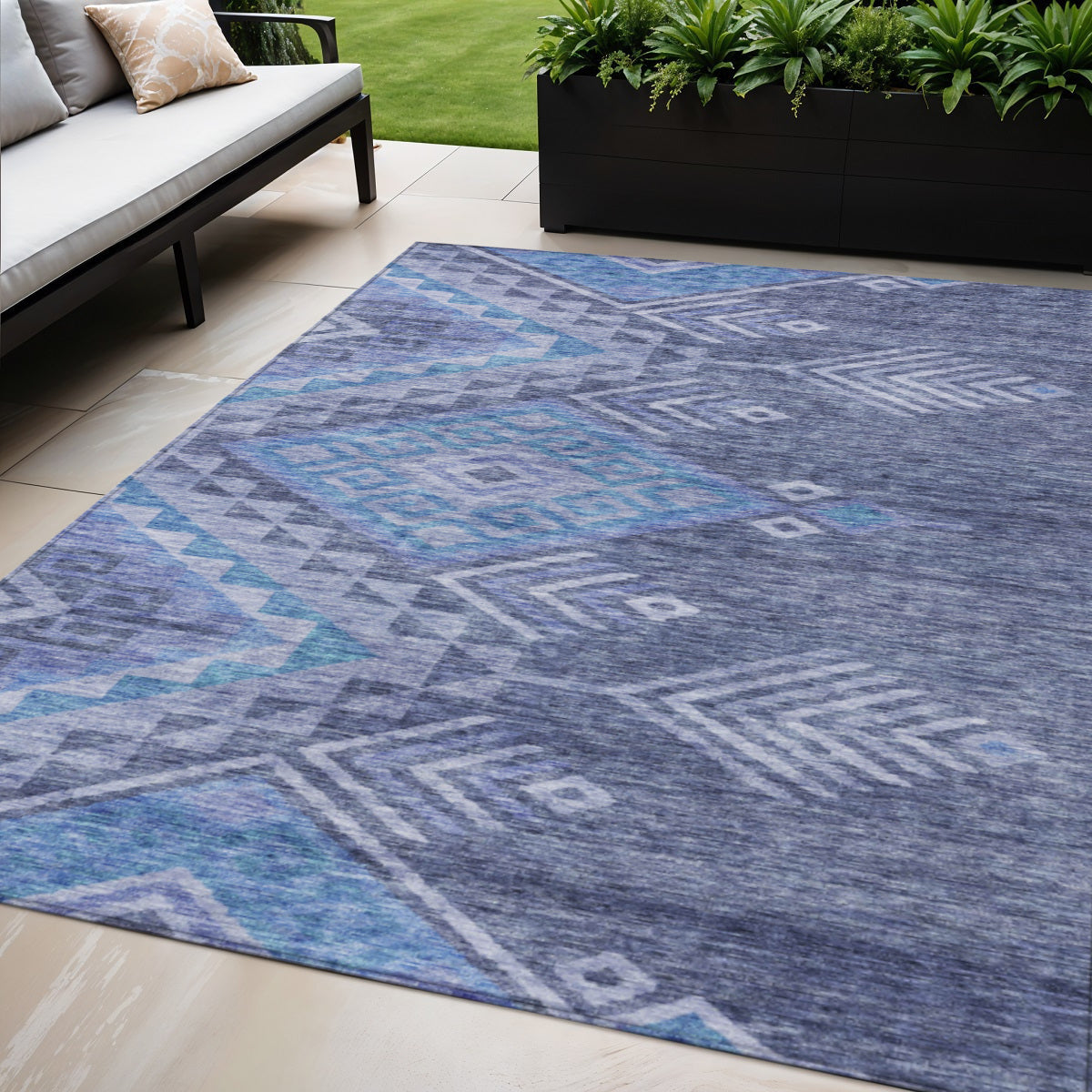 5 X 8 Navy Blue Charcoal And Gray Southwestern Washable Indoor Outdoor Area Rug