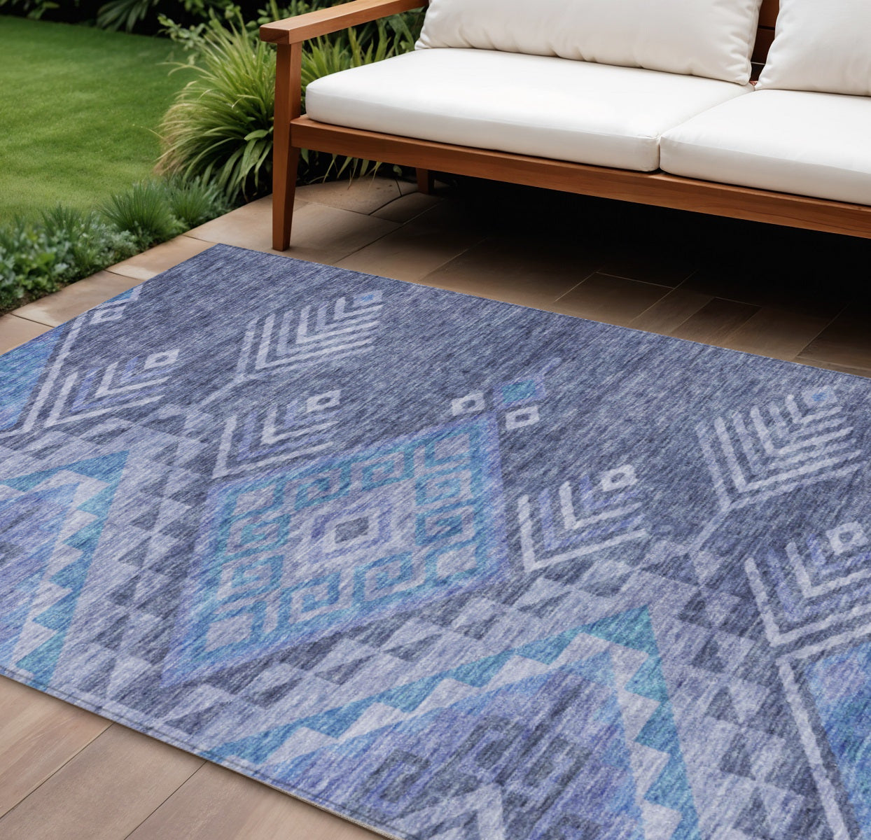9 X 12 Navy Blue Charcoal And Gray Southwestern Washable Indoor Outdoor Area Rug