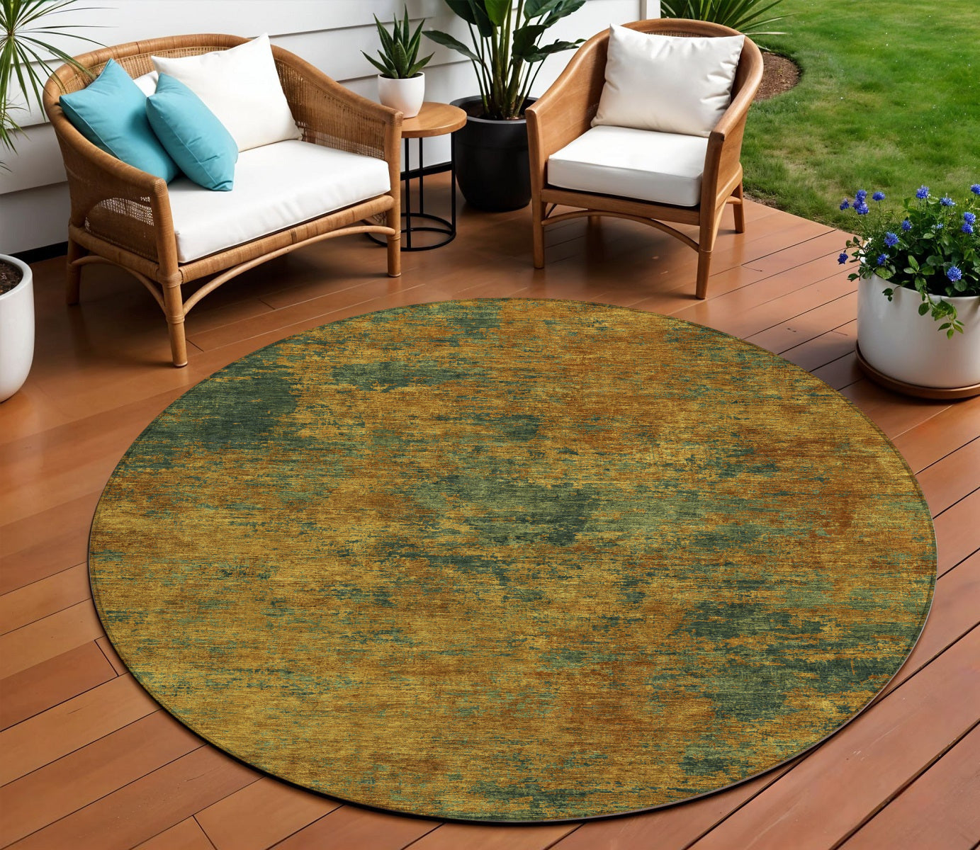 8 Copper And Green Round Abstract Washable Indoor Outdoor Area Rug
