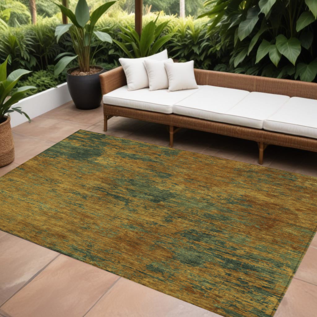 8 X 10 Copper And Green Abstract Washable Indoor Outdoor Area Rug