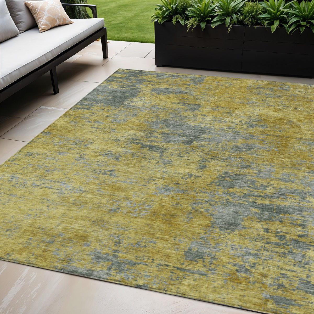 5 X 8 Gold Green And Gray Abstract Washable Indoor Outdoor Area Rug