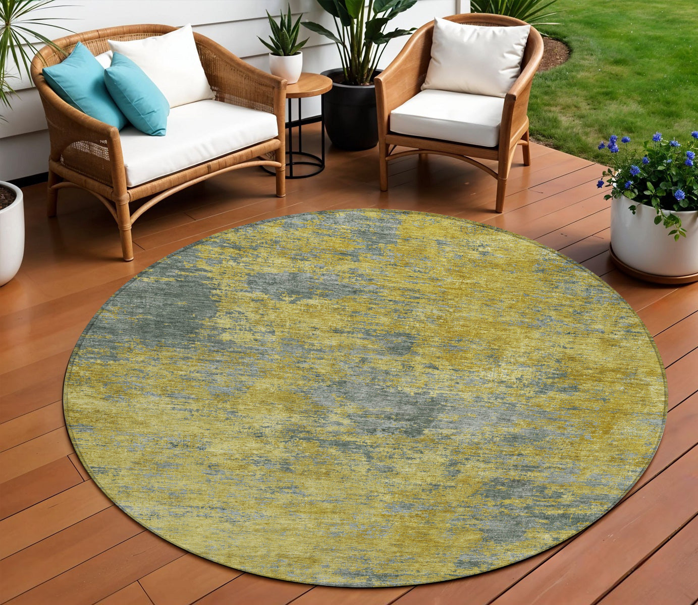 8 Gold Green And Gray Round Abstract Washable Indoor Outdoor Area Rug