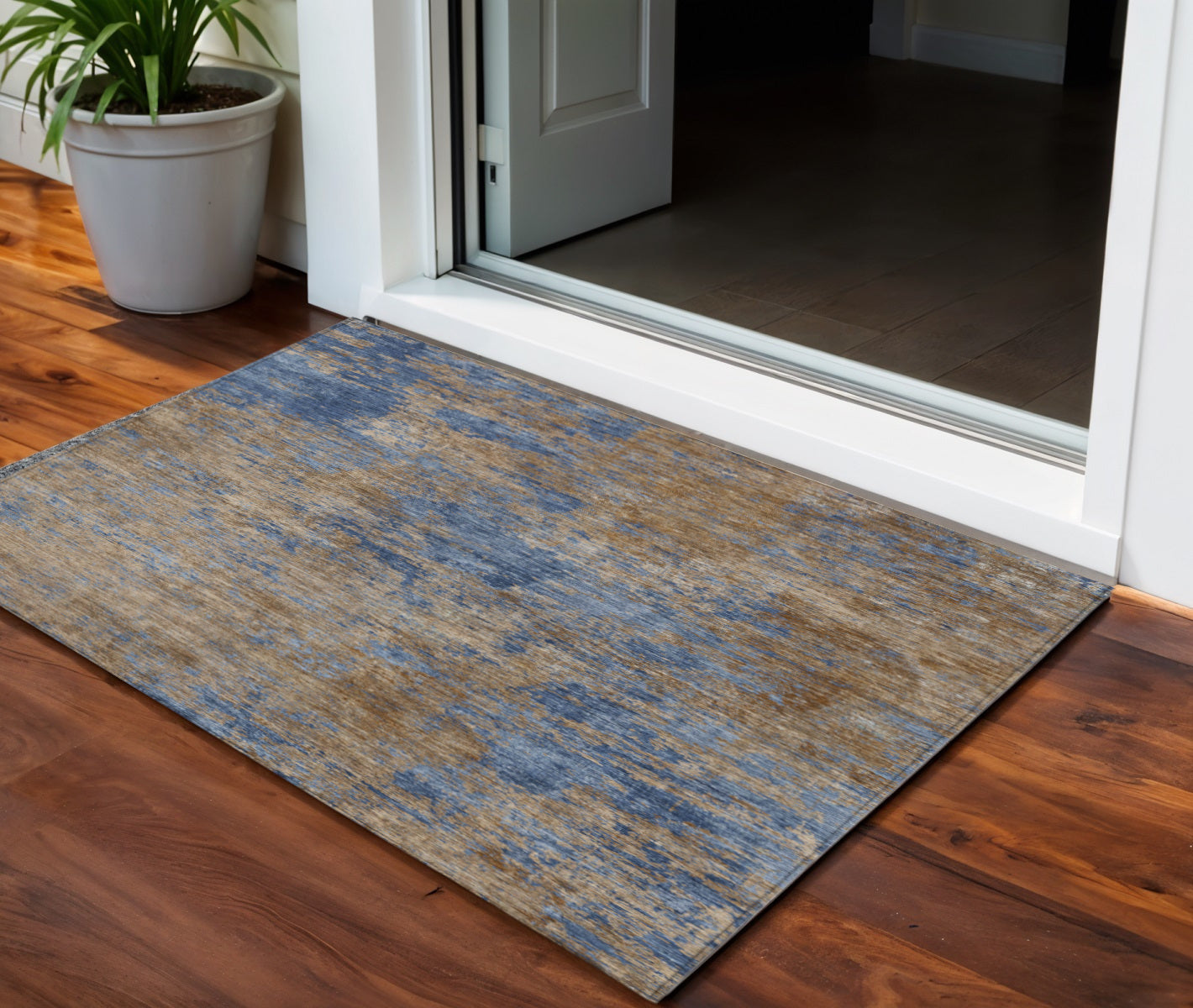 3 X 5 Navy Blue And Brown Abstract Washable Indoor Outdoor Area Rug