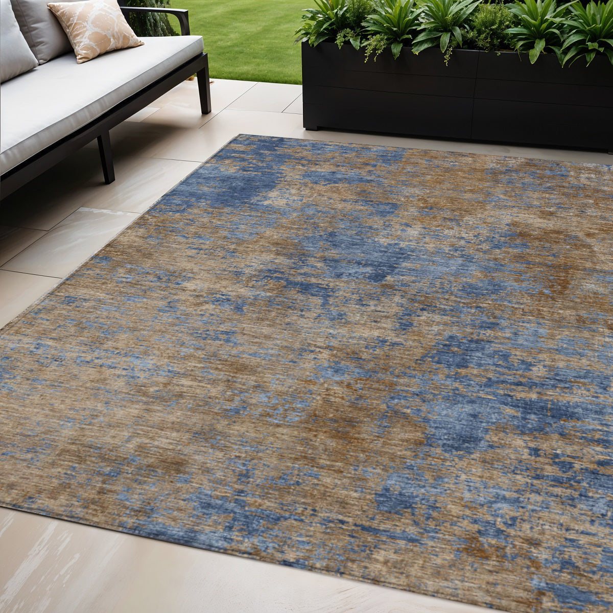 5 X 8 Navy Blue And Brown Abstract Washable Indoor Outdoor Area Rug