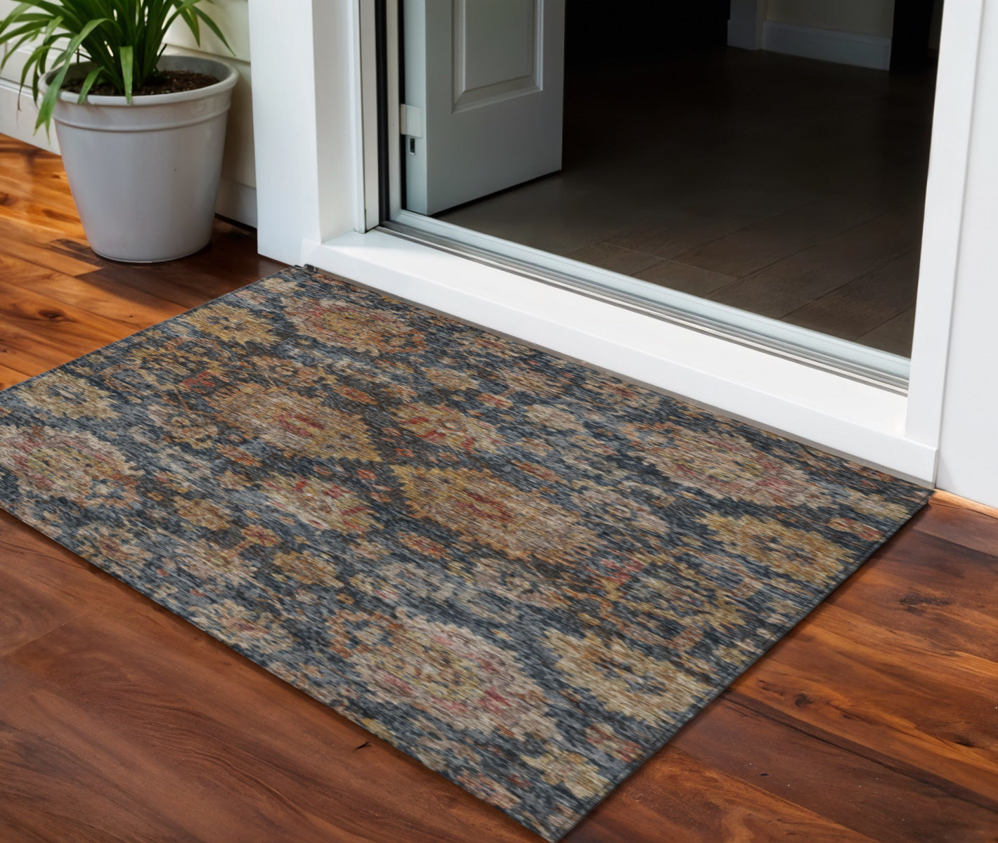 3 X 5 Navy Blue Brown And Terra Cotta Damask Washable Indoor Outdoor Area Rug