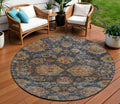 8 Navy Blue Brown And Terra Cotta Round Damask Washable Indoor Outdoor Area Rug