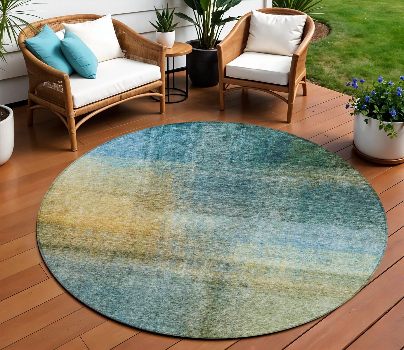 8 Blue Gold And Green Round Abstract Washable Indoor Outdoor Area Rug