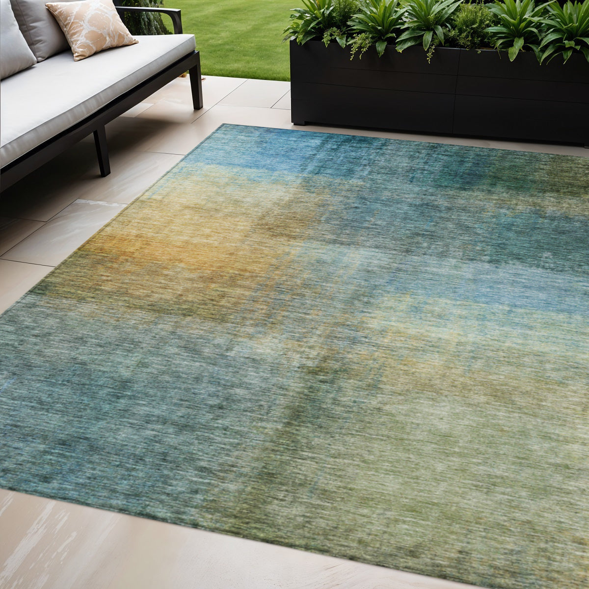8 X 10 Blue Gold And Green Abstract Washable Indoor Outdoor Area Rug