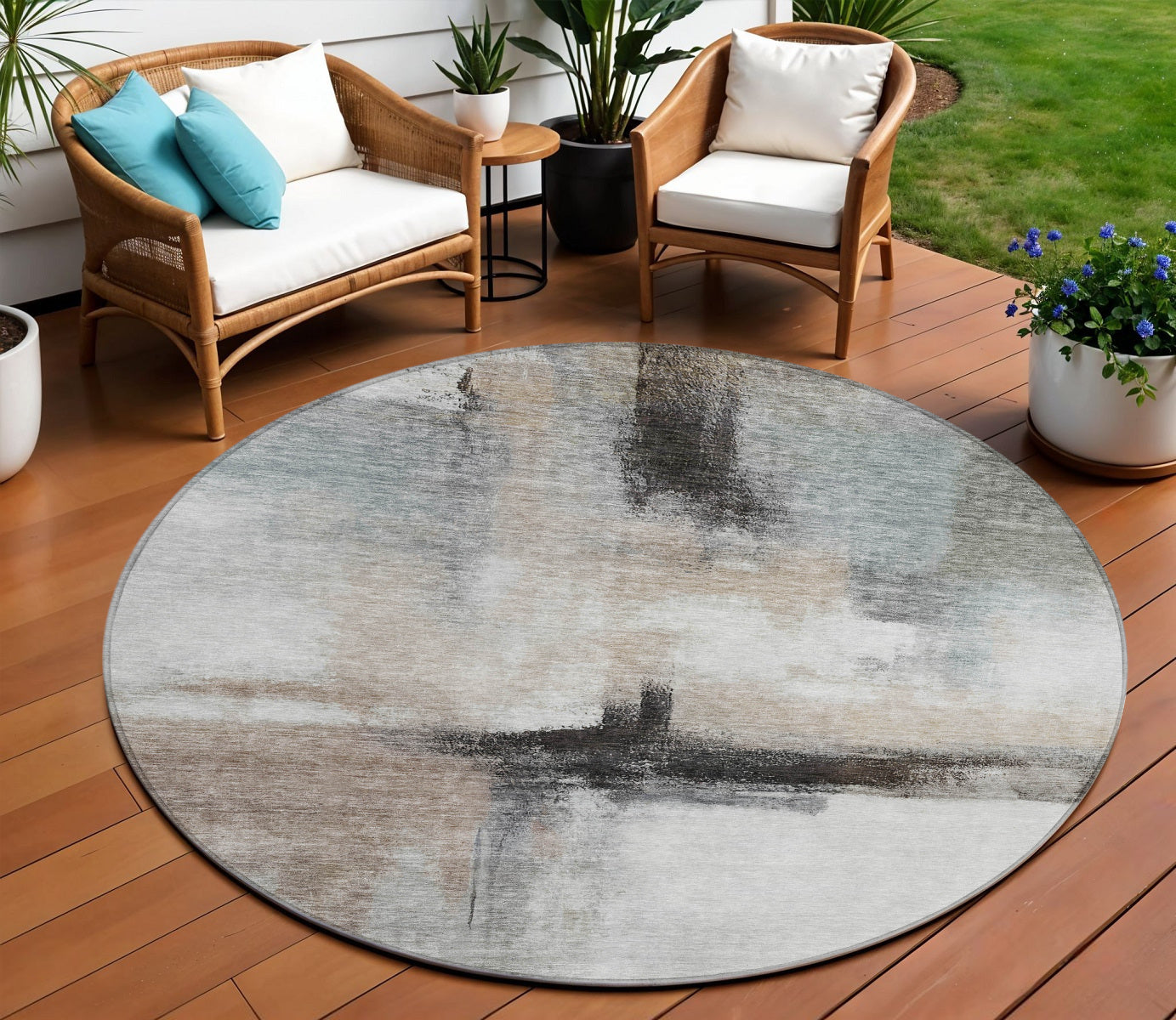 8 Brown Black And Gray Round Abstract Washable Indoor Outdoor Area Rug