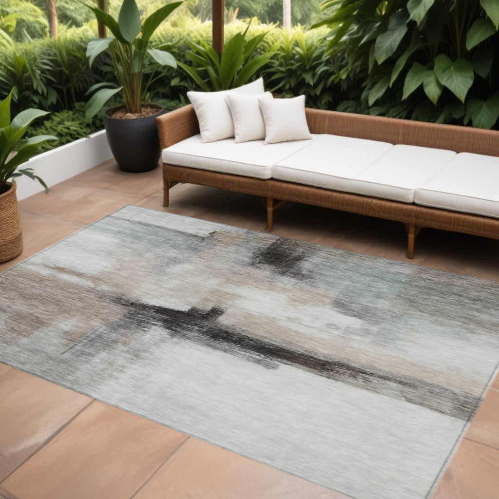 9 X 12 Brown Black And Gray Abstract Washable Indoor Outdoor Area Rug