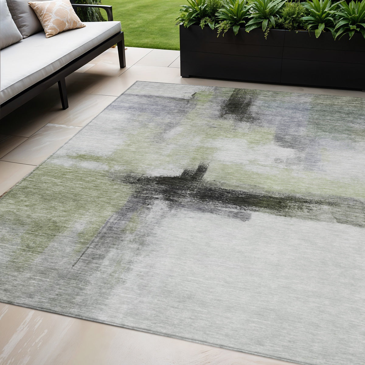 5 X 8 Sage Black And Gray Abstract Washable Indoor Outdoor Area Rug