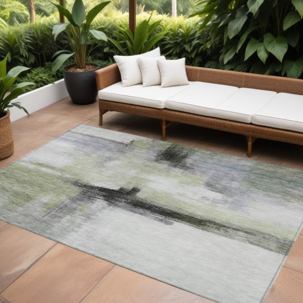 10 X 14 Sage Black And Gray Abstract Washable Indoor Outdoor Area Rug
