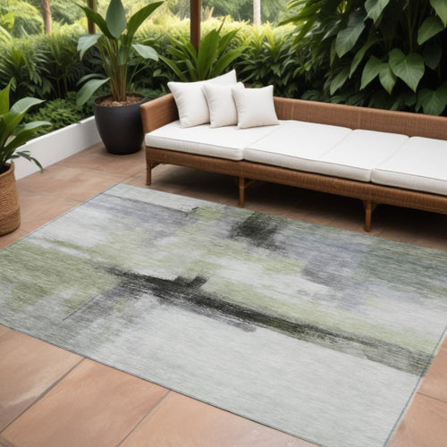 10 X 14 Sage Black And Gray Abstract Washable Indoor Outdoor Area Rug