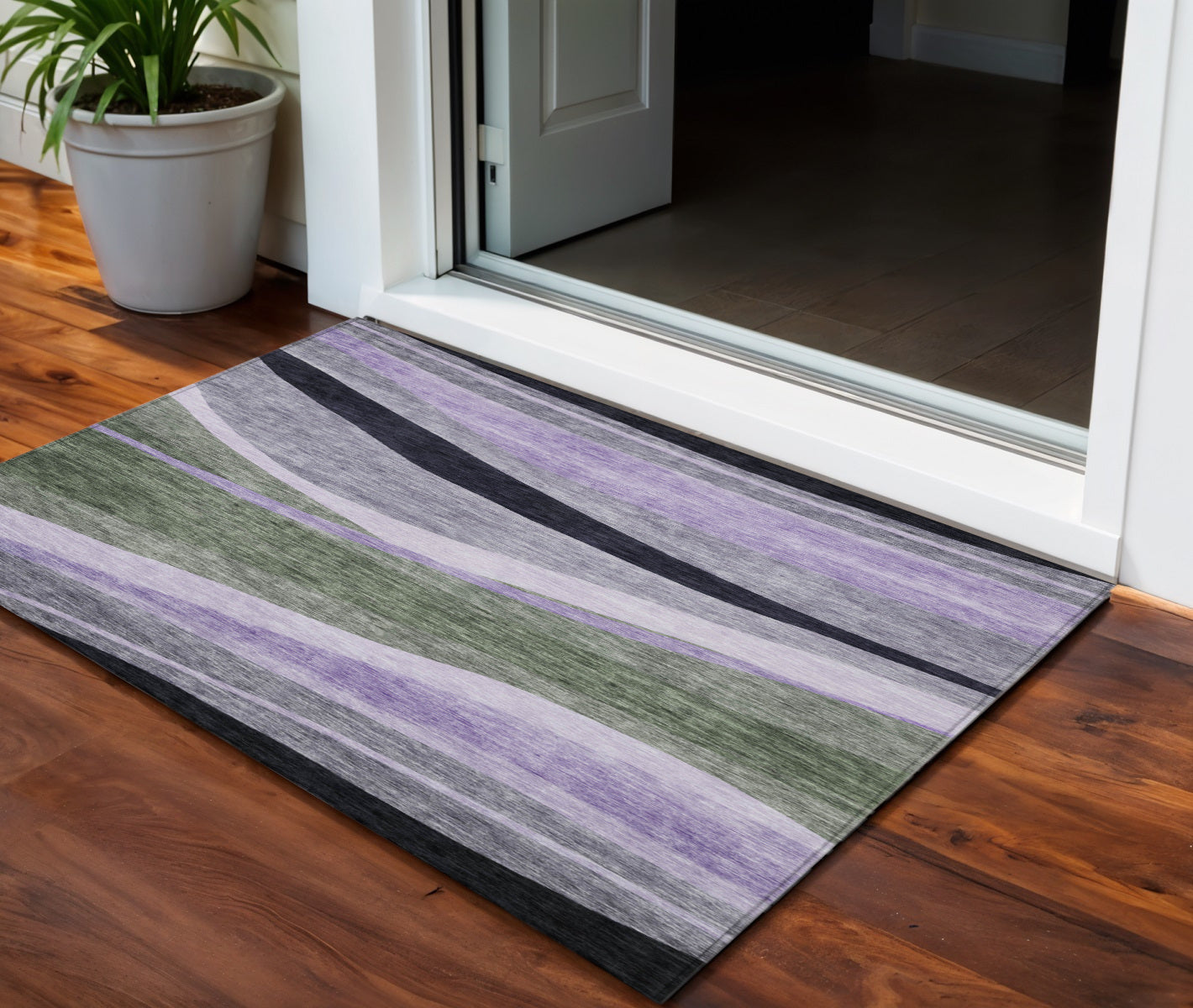 3 X 5 Artichoke Green Green And Black Abstract Washable Indoor Outdoor Area Rug