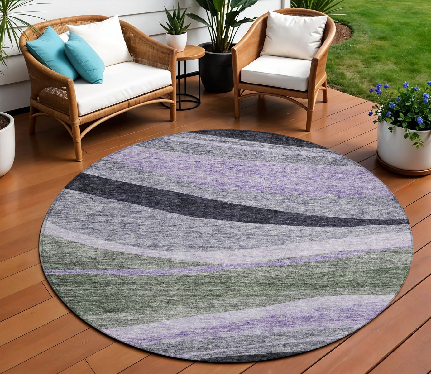 8 Artichoke Green Green And Black Round Abstract Washable Indoor Outdoor Area Rug