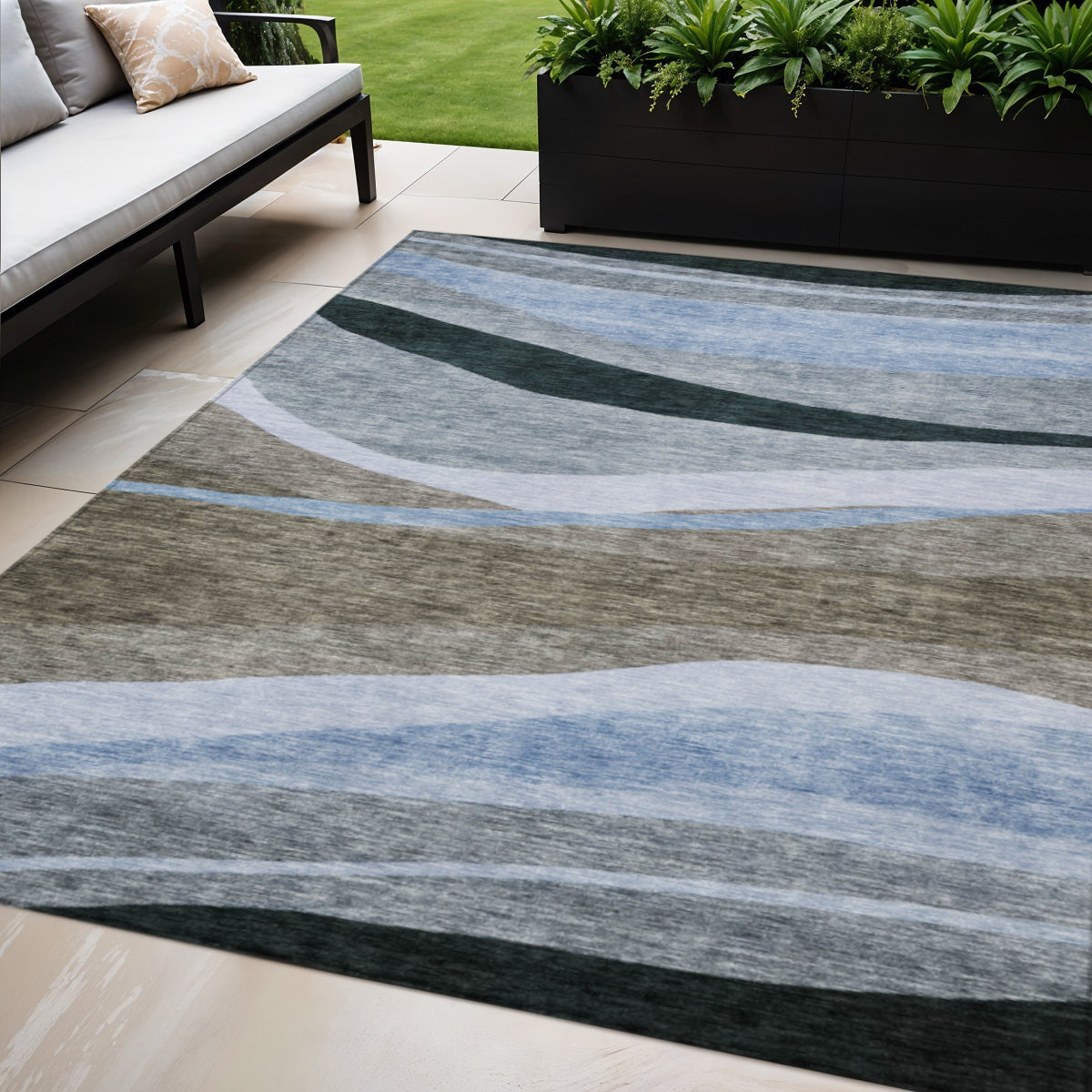 5 X 8 Brown Blue And Gray Abstract Washable Indoor Outdoor Area Rug