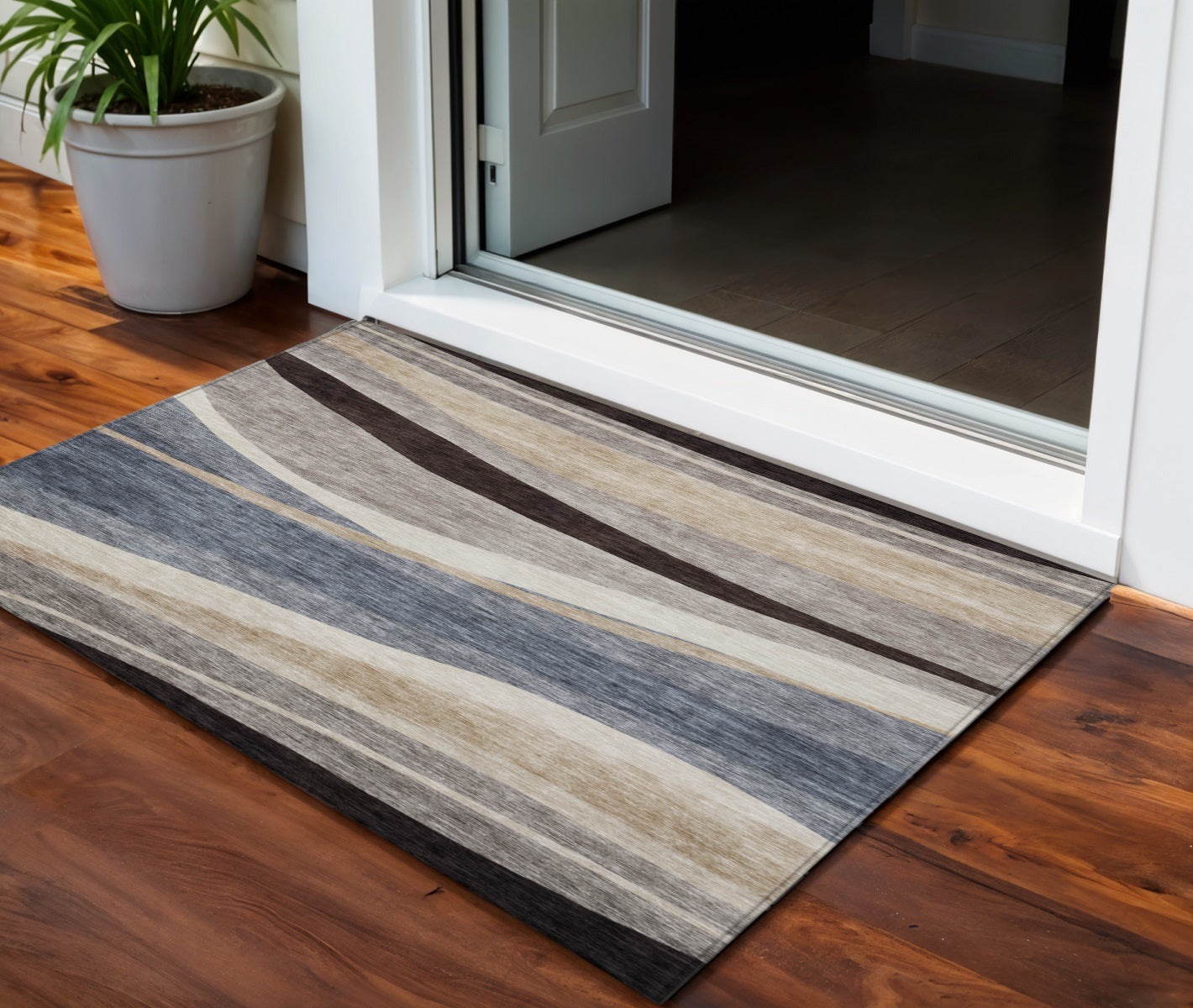 3 X 5 Blue Brown And Beige Abstract Washable Indoor Outdoor Area Rug