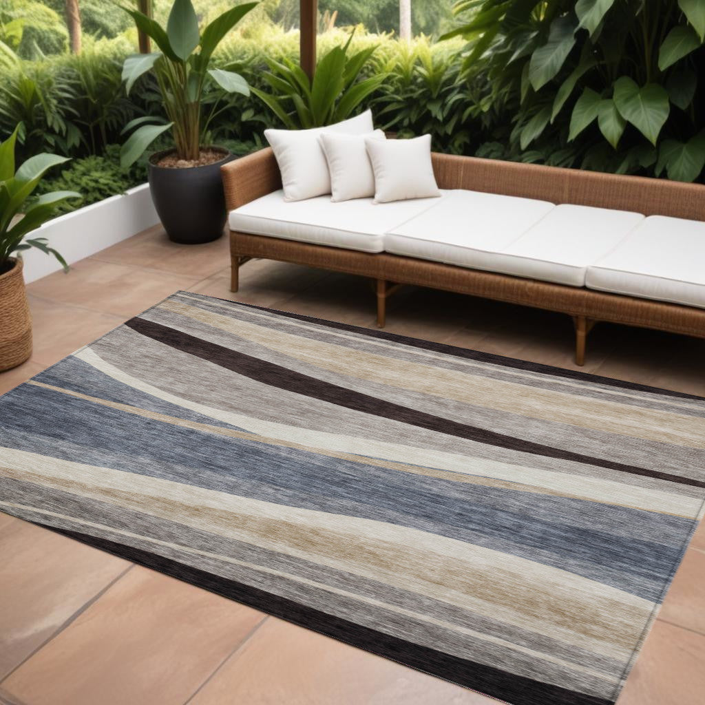 8 X 10 Blue Brown And Beige Abstract Washable Indoor Outdoor Area Rug