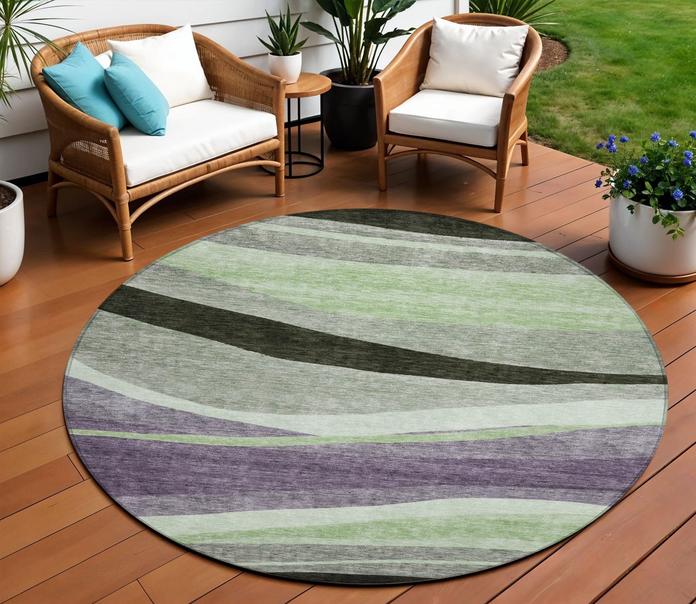8 Purple And Green Round Abstract Washable Indoor Outdoor Area Rug