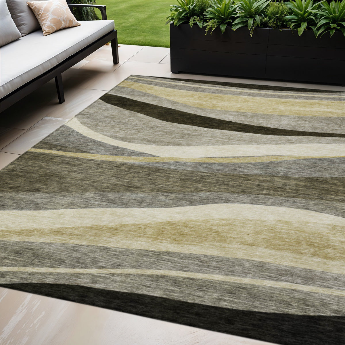 5 X 8 Taupe Gray And Black Abstract Washable Indoor Outdoor Area Rug