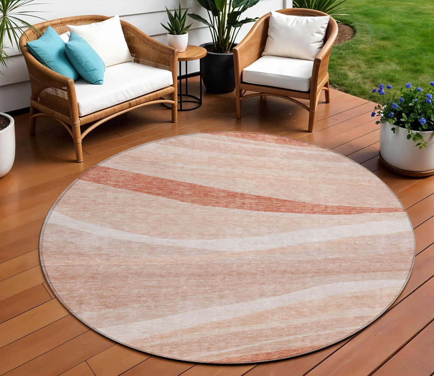 8 Salmon And Pink Round Abstract Washable Indoor Outdoor Area Rug