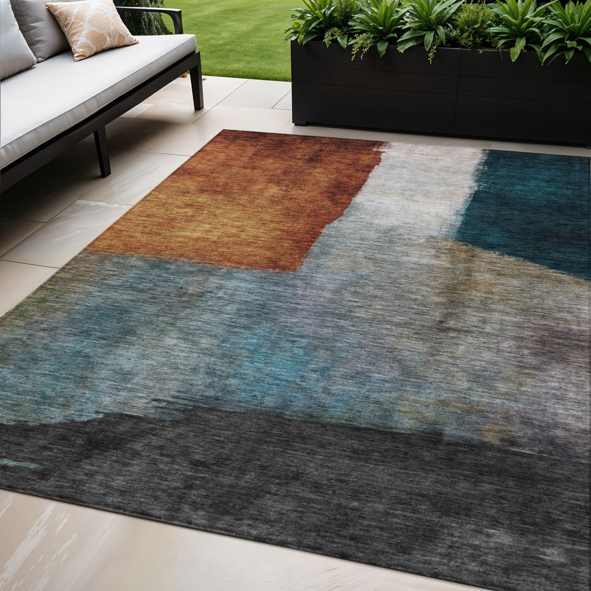 5 X 8 Copper Green And Gray Abstract Washable Indoor Outdoor Area Rug