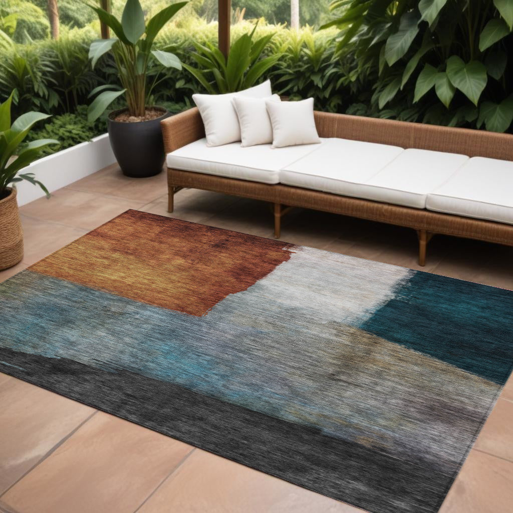 10 X 14 Copper Green And Gray Abstract Washable Indoor Outdoor Area Rug