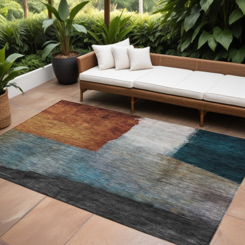 10 X 14 Copper Green And Gray Abstract Washable Indoor Outdoor Area Rug